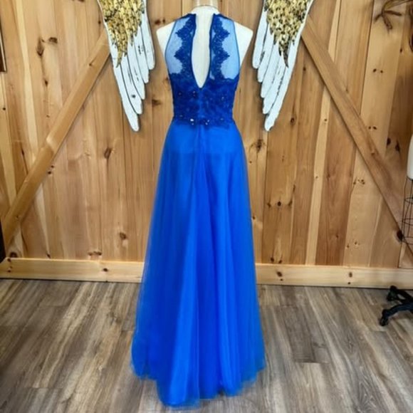 Dark blue with dark blue lace within neckline and ribs special occasion dress - Picture 3 of 7